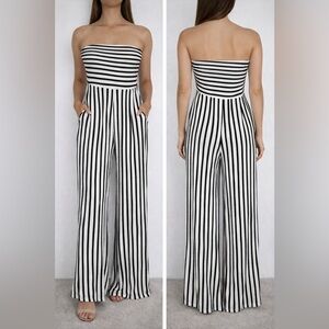 Heart & Hips Strapless Black & White Striped Wide Leg Jumpsuit Size M